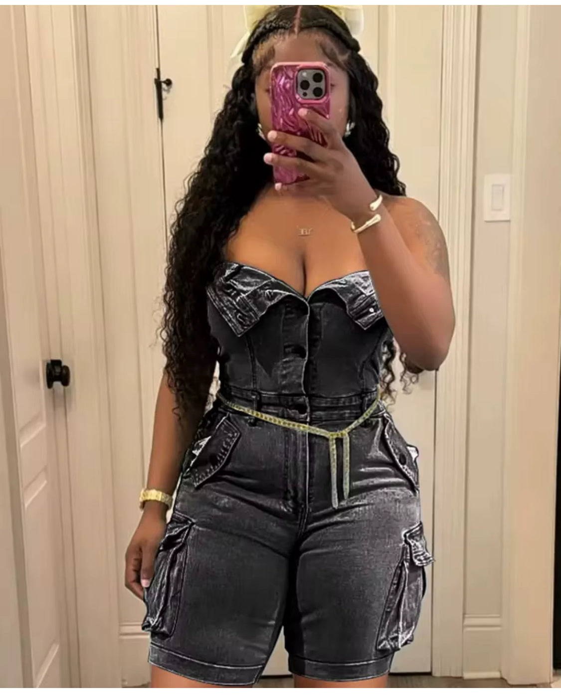 Denim romper with pockets